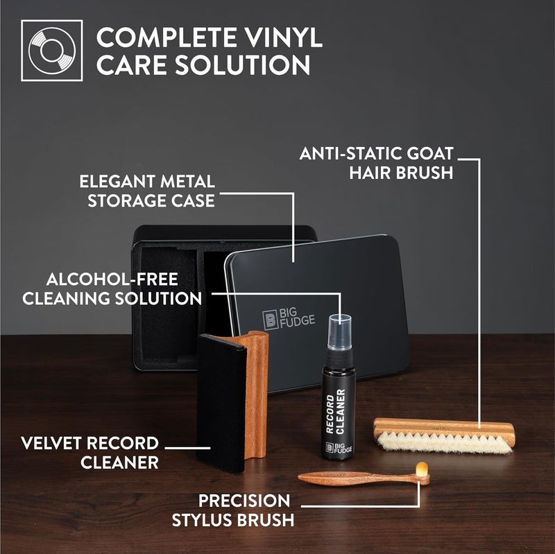 BIG FUDGE Vinyl Record Cleaning Kit - Collector's Edition - 100% Sapele Wood Vinyl Accessories - Velvet Vinyl Record Cleaner, Anti-Static Vinyl Brush, Stylus Brush and Vinyl Cleaner Solution w/Case - Image 2
